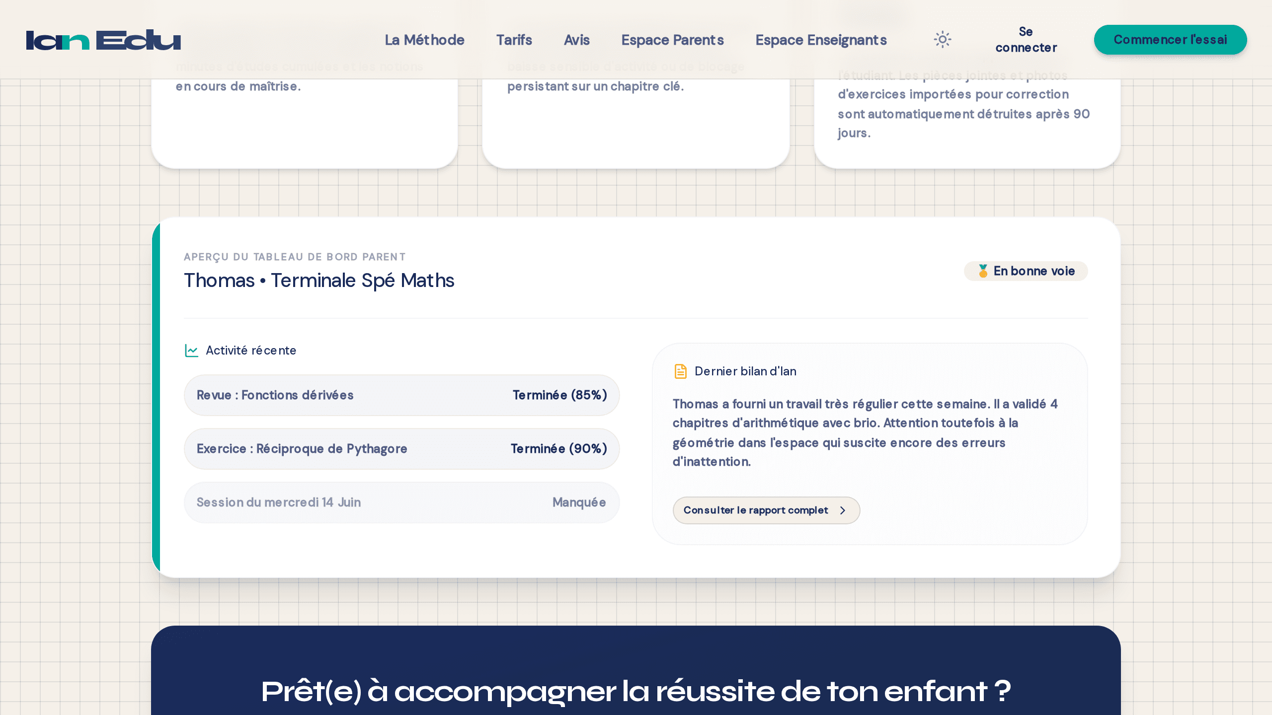 L'espace parents d'Ian : rapport hebdo, alertes et progrès de l'enfant